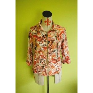 N Touch Womens Sz SP Full Zip Casual Jacket Pockets Cotton Blend Floral Red EUC